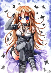 Rule 34 | 1girl, blush, breasts, brown hair, bug, butterfly, cleavage, collar, emperpep, female focus, fishnets, bug, jewelry, large breasts, long hair, necklace, painting (medium), purple eyes, solo, thighhighs, traditional media, watercolor (medium)