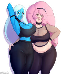 2girls armlet armpits artist_name belly big_hair black_armlet black_eyes black_pants black_sports_bra blue_diamond_(steven_universe) blue_eyes blue_hair blue_skin breasts choker cleavage colored_skin cross cross_earrings ear_piercing earrings hairband hand_on_another&#039;s_ass highres jewelry large_breasts light_blue_hair long_hair looking_to_the_side midriff multiple_girls open_mouth pants piercing pink_hair plump rocner rose_quartz_universe see-through_clothes simple_background sports_bra steven_universe teeth upper_teeth_only white_background yoga_pants