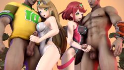 Rule 34 | 2boys, 2girls, 3d, animated, blonde hair, competition swimsuit, dark-skinned male, dark skin, eh, handjob, happy trance, highres, hypno eyes, hypnosis, looping animation, mind control, multiple boys, multiple girls, mythra (radiant beach) (xenoblade), mythra (xenoblade), one-piece swimsuit, penis, pyra (pro swimmer) (xenoblade), pyra (xenoblade), red hair, slideshow, smegma, swimsuit, uncensored, video, xenoblade chronicles (series), xenoblade chronicles 2