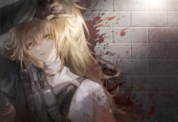 Rule 34 | 1girl, against wall, arknights, arm up, black gloves, blonde hair, blood, brick wall, chain, fingerless gloves, gloves, head tilt, highres, long hair, long sleeves, looking at viewer, nininisama, official alternate costume, parted lips, ponytail, siege (arknights), siege (city destroyer) (arknights), smile, solo, upper body, yellow eyes