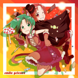 Rule 34 | 10s, 2girls, animal ears, bad id, bad pixiv id, boots, candy, candy wrapper, chocolate, chocolate bar, cloak, copyright name, costume, dress, fang, food, gloves, green eyes, green hair, grin, halloween, hino akane (smile precure!), lollipop, midorikawa nao, multiple girls, one eye closed, ponytail, precure, red eyes, red hair, shigeohji, smile, smile precure!, swirl lollipop, typo, vampire, werewolf, wink