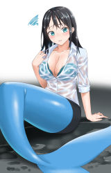 Rule 34 | 1girl, awono nanaumi, black hair, black skirt, blue eyes, blush, bra, bra visible through clothes, bralines, breasts, cleavage, commentary request, commission, frown, green bra, highres, large breasts, looking at viewer, mermaid, monster girl, office lady, original, pencil skirt, see-through, shiny skin, shirt, skirt, sleeves rolled up, solo, squiggle, underwear, wet, wet clothes, wet shirt, white background, white shirt