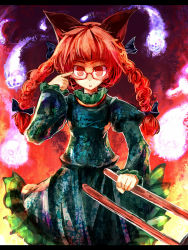 Rule 34 | 1girl, bespectacled, braid, female focus, glasses, kaenbyou rin, solo, standing, touhou, twin braids, ukyo rst