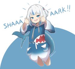 Rule 34 | 1girl, :d, blue background, blue eyes, blue hair, blue hoodie, blue nails, blush, claw pose, commentary request, cropped legs, drawstring, english text, eyebrows hidden by hair, fake tail, fins, fish tail, gawr gura, gawr gura (1st costume), hair ornament, hands up, highres, hololive, hololive english, hood, hood down, hoodie, idaten93, long sleeves, looking at viewer, multicolored hair, nail polish, open mouth, shark tail, sharp teeth, silver hair, smile, solo, streaked hair, tail, teeth, twitter username, two-tone background, two side up, virtual youtuber, white background, wide sleeves
