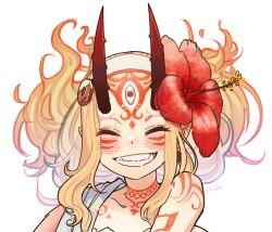 Rule 34 | 1girl, blonde hair, blush, body markings, close-up, closed eyes, facial mark, fangs, fate/grand order, fate (series), fiery hair, flower, forehead mark, grin, hair flower, hair ornament, hair up, hairband, hibiscus, horns, ibaraki douji (fate), ibaraki douji (fate/grand order), ibaraki douji (swimsuit lancer) (fate), ibaraki douji (swimsuit lancer) (second ascension) (fate), isagiyo, oni, oni horns, pointy ears, simple background, single bare shoulder, smile, solo, straight-on, teeth, white background