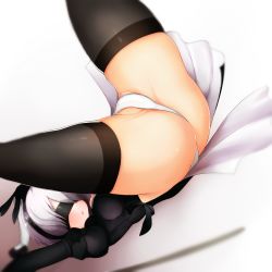 Rule 34 | 1girl, absurdres, ass, black dress, black thighhighs, blindfold, boruhis, breasts, cleavage, dress, dutch angle, highres, leotard, long sleeves, lying, medium breasts, nier (series), nier:automata, on back, panties, partially visible vulva, puffy long sleeves, puffy sleeves, short dress, short hair, solo, spread legs, thighhighs, underwear, white hair, white leotard, white panties, 2b (nier:automata)
