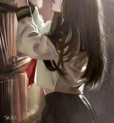 Rule 34 | 1girl, book, bookshelf, brown hair, commentary, english commentary, from side, hands up, head out of frame, indoors, long hair, long sleeves, neckerchief, original, pleated skirt, profile, razaras, red lips, red neckerchief, school uniform, serafuku, signature, skirt, solo, upper body