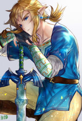 Rule 34 | 1boy, belt, black gloves, blue eyes, earrings, fingerless gloves, glint, gloves, gold trim, highres, jewelry, layered sleeves, light brown hair, link, looking at viewer, male focus, master sword, mythical world (shutan), nintendo, pointy ears, ponytail, solo, sword, the legend of zelda, the legend of zelda: breath of the wild, triforce, weapon