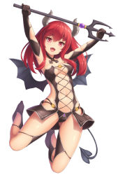 Rule 34 | 1girl, :d, black panties, breasts, demon girl, demon horns, demon tail, elbow gloves, fang, full body, gloves, holding, horns, jumping, legs up, long hair, looking at viewer, medium breasts, navel, open mouth, original, panties, polearm, red eyes, red hair, revealing clothes, sasaame, simple background, smile, solo, tail, trident, underwear, weapon, white background, wings