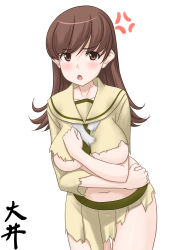 Rule 34 | 1girl, anger vein, blush, breasts, brown eyes, brown hair, character name, commentary request, cowboy shot, highres, kantai collection, long hair, long sleeves, looking at viewer, medium breasts, navel, neckerchief, ooi (kancolle), open mouth, pleated skirt, sailor collar, school uniform, serafuku, shirt, simple background, skirt, solo, standing, t2r, torn clothes, torn neckwear, torn shirt, torn skirt, torn sleeves, white background, white neckerchief