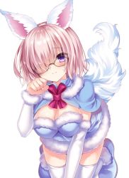 Rule 34 | 1girl, animal ears, blue capelet, blue dress, blush, breasts, capelet, cleavage, cosplay, detached sleeves, dress, fake animal ears, fate/grand order, fate (series), fou (fate), fou (fate) (cosplay), fur-trimmed capelet, fur-trimmed dress, fur-trimmed sleeves, fur trim, glasses, hair over one eye, kneeling, light purple hair, long sleeves, looking at viewer, mash kyrielight, nogi takayoshi, official alternate costume, paw pose, purple eyes, short hair, simple background, sweatdrop, tail, thighhighs, white background, white thighhighs
