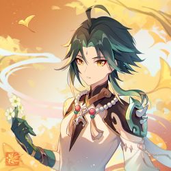 Rule 34 | 1boy, ahoge, armor, autumnlll, bare shoulders, bead necklace, beads, dark green hair, detached sleeves, diamond-shaped pupils, diamond (shape), eyeshadow, facial mark, flower, genshin impact, gloves, green gloves, green hair, highres, holding, holding flower, jewelry, light green hair, light particles, looking at viewer, makeup, male focus, necklace, parted lips, pauldrons, petals, red eyeshadow, shoulder armor, shoulder tattoo, single bare shoulder, single pauldron, solo, symbol-shaped pupils, tattoo, tree, upper body, white flower, wind, xiao (genshin impact), yellow eyes