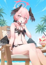 Rule 34 | 1girl, bikini, black bikini, black bow, black wings, blue archive, bow, collarbone, commentary, day, feet out of frame, flat chest, floral print, food, hair bow, halo, head wings, highres, holding, holding spoon, koharu (blue archive), koharu (swimsuit) (blue archive), legs, long hair, low twintails, low wings, navel, official alternate costume, outdoors, palm tree, parfait, pink eyes, pink hair, pink halo, print bikini, sitting, solo, spark (spark845), spoon, swimsuit, tree, twintails, wings