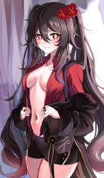 Rule 34 | 1girl, absurdres, black hair, black shorts, breasts, cowboy shot, genshin impact, hair between eyes, hair ornament, highres, hu tao (genshin impact), jewelry, long hair, looking at viewer, navel, open clothes, parted lips, red eyes, ring, sak (lemondisk), shorts, small breasts, solo, symbol-shaped pupils, twintails