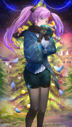 Rule 34 | 1girl, absurdres, black bow, black gloves, black pantyhose, black scarf, blue eyes, blue shorts, bow, box, building, christmas, christmas ornaments, christmas tree, covered mouth, gift, gift box, gloves, hair bow, highres, holding, holding gift, pantyhose under shorts, long hair, long sleeves, looking away, mosta (lo1777789), multicolored hair, night, night sky, open clothes, original, pantyhose, pink hair, red hair, scarf, shirt, short shorts, shorts, sky, solo, star (sky), starry sky, streaked hair, twintails, very long hair, white shirt, wide sleeves