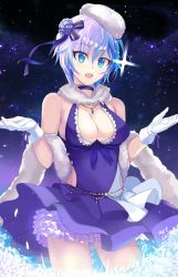 Rule 34 | 10s, 1girl, :d, anastasia (idolmaster), artist name, ashita (2010), blue dress, blue eyes, breasts, choker, cleavage, commentary request, dress, eyelashes, frills, fur collar, gloves, hair ribbon, hat, highres, idolmaster, idolmaster cinderella girls, jewelry, looking at viewer, medium breasts, necklace, open mouth, pendant, ribbon, short hair, signature, silver hair, sky, smile, solo, star (sky), star (symbol), starry background, starry sky, white gloves, wind, wind lift