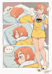 Rule 34 | ..., 1girl, bed, blue eyes, blush, colo (nagrolaz), commentary, english commentary, freckles, pillow, pomf, red hair, rita (sweethex), shirt, short hair, signature, slippers, solo, spoken ellipsis, sweethex, thought bubble, towel, towel around neck