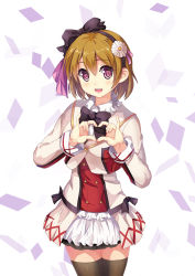Rule 34 | 10s, 1girl, black thighhighs, blush, bow, brown hair, dance of eternity, flower, hair flower, hair ornament, hairband, heart, heart hands, highres, koizumi hanayo, looking at viewer, love live!, love live! school idol project, open mouth, purple eyes, short hair, skirt, solo, thighhighs