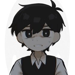 Rule 34 | 1boy, black sweater vest, clenched teeth, collared shirt, looking at viewer, makeup, omori, parted lips, shirt, short hair, short sleeves, simple background, solo, sr ld fr, sunny (omori), sweat, sweater vest, teeth, white background, white shirt