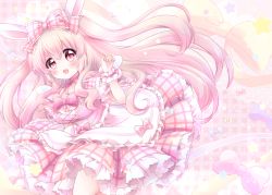 Rule 34 | 1girl, animal ears, apron, blush, bow, chiika (cure cherish), dress, frilled dress, frills, gingham, long hair, looking at viewer, neck ribbon, open mouth, original, pink bow, pink eyes, pink hair, puffy short sleeves, puffy sleeves, rabbit ears, ribbon, short sleeves, smile, star (symbol), two side up, wings, wrist cuffs