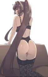 Rule 34 | 1girl, arm support, ass, black bra, black panties, black thighhighs, bra, breasts, brown hair, closed mouth, couch, from behind, garter straps, hair intakes, highres, kantai collection, kasumi (skchkko), large breasts, lingerie, long hair, looking at viewer, on couch, panties, ponytail, sidelocks, simple background, solo, thighhighs, underwear, very long hair, white background, yamato (kancolle)