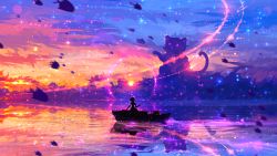 Rule 34 | 1girl, absurdres, animal, blue sky, boat, cat, commentary, fish, flying, glowing, glowing eyes, highres, landscape, light, light particles, multicolored background, original, oversized animal, pink eyes, red sky, reflection, rykyart, scenery, short hair, sky, standing, sunset, water, watercraft