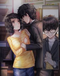 Rule 34 | 1boy, 1girl, amamiya ren, black-framed eyewear, black hair, black jacket, black pants, blue skirt, brown eyes, closed mouth, eye contact, glasses, grin, hand on another&#039;s shoulder, highres, indoors, jacket, kawakami sadayo, leaning to the side, long sleeves, looking at another, pants, persona, persona 5, shirt, short hair, skirt, smile, striped clothes, striped shirt, sweater, turtleneck, turtleneck sweater, twitter username, white sweater, yaoto, yellow shirt