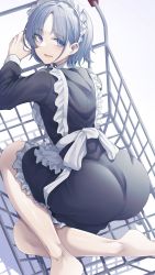 Rule 34 | 1girl, absurdres, alternate costume, apron, asakura toru, bare legs, barefoot, dress, enmaided, frilled dress, frills, highres, idolmaster, idolmaster shiny colors, in cart, looking at viewer, looking back, maid, maid headdress, parted bangs, shopping cart, simple background, solo, tokufumi, white apron