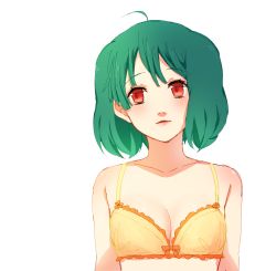 Rule 34 | 1girl, ahoge, bow, bow bra, bra, breasts, chiyomaru (yumichiyo0606), cleavage, collarbone, frilled bra, frills, green hair, highres, looking at viewer, macross, macross frontier, orange bow, parted lips, ranka lee, red eyes, short hair, simple background, sketch, small breasts, solo, underwear, underwear only, upper body, white background, yellow bra