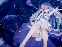 Rule 34 | 1girl, bad proportions, bare shoulders, blue background, blue eyes, bow, breasts, dress, feet out of frame, hair bow, highres, kafuka, long hair, needle, open mouth, original, outstretched hand, small breasts, smile, solo, tentacles, underwater, white dress, white hair, yandere