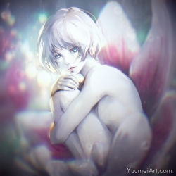 Rule 34 | 1girl, backlighting, blue eyes, blurry, bob cut, colored eyelashes, depth of field, from side, highres, knees to chest, long hair, nude, original, short hair, silver hair, sitting, solo, watermark, web address, yuumei