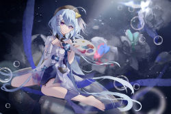 Rule 34 | 1girl, absurdres, ahoge, akashin, barefoot, beret, black headwear, blue dress, blue flower, blue hair, blue ribbon, bubble, commentary request, cross hair ornament, dress, flower, griseo, griseo (starry impression), hair ornament, hat, highres, holding, holding paintbrush, holding palette, honkai (series), honkai impact 3rd, long hair, looking at viewer, off-shoulder dress, off shoulder, paintbrush, palette (object), purple eyes, reflective floor, ribbon, single vambrace, sitting, two-tone dress, vambraces, wariza, white dress, white flower