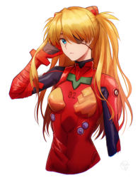 Rule 34 | 1girl, blue eyes, bodysuit, breasts, closed mouth, evangelion: 3.0 you can (not) redo, eyepatch, hand up, highres, kankitsurui (house of citrus), long hair, looking at viewer, medium breasts, neon genesis evangelion, orange hair, plugsuit, rebuild of evangelion, red bodysuit, simple background, solo, souryuu asuka langley, white background