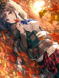 Rule 34 | 1girl, autumn, autumn leaves, backlighting, bad id, bad pixiv id, black jacket, black pantyhose, blazer, blue bow, blue bowtie, blush, book, bow, bowtie, brown hair, closed mouth, colored eyelashes, day, dutch angle, hair ornament, hairclip, highres, huwari (dnwls3010), jacket, leaf, long hair, lying, maple leaf, miniskirt, on ground, on side, open book, open clothes, open jacket, original, outdoors, pantyhose, plaid, plaid skirt, red eyes, red skirt, school uniform, shirt, skirt, smile, solo, striped bow, striped bowtie, striped clothes, striped neckwear, swept bangs, white shirt