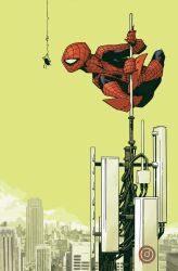 Rule 34 | 1boy, bug, building, chris bachalo, cityscape, highres, holding, holding pole, marvel, mask, on top of pole, pole, sky, skyscraper, solo, spider, spider-man, yellow sky
