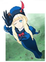 Rule 34 | 1girl, acorn, black footwear, black gloves, blonde hair, blue dress, blue eyes, boots, bow, breasts, brooch, cosplay, dianna soreil, dress, drill hair, feathers, frills, gloves, gundam, hat, hat feather, jewelry, kihel heim, large breasts, mitsutsu322, one eye closed, red bow, smile, turn a gundam