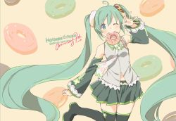 Rule 34 | 1girl, ;), absurdly long hair, ahoge, aqua eyes, black thighhighs, detached sleeves, doughnut, food, green hair, hatsune miku, long hair, looking at viewer, mouth hold, navel, necktie, one eye closed, pleated skirt, skirt, smile, solo, thighhighs, twintails, ume (plumblossom), very long hair, vocaloid, waving, zettai ryouiki