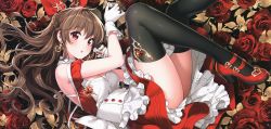 Rule 34 | 1girl, absurdres, bare shoulders, black thighhighs, blush, bow, braid, brown eyes, brown hair, dress, earrings, floral background, flower, gloves, hair bow, highres, holding, huge filesize, jewelry, long hair, looking at viewer, nardack, open mouth, original, puffy short sleeves, puffy sleeves, red footwear, scan, shiny clothes, shiny skin, shoes, short dress, short sleeves, simple background, solo, thighhighs, thighs, white gloves, zettai ryouiki