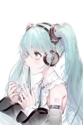 Rule 34 | 1girl, absurdres, blue eyes, blue hair, blue nails, blue ribbon, fingernails, from side, hands up, hatsune miku, hatsune miku (nt), headphones, highres, long hair, long sleeves, meme, mouth hold, nail polish, neck ribbon, profile, ribbon, rsef, sanpaku, shoulder tattoo, simple background, solo, tattoo, twintails, upper body, vocaloid, white background, wide sleeves