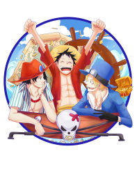 Rule 34 | 3boys, absurdres, ascot, bracelet, brothers, coin, hat, highres, jewelry, male focus, map, money, monkey d. luffy, multiple boys, necklace, one piece, open clothes, open shirt, pectorals, pole, portgas d. ace, professorh, red shirt, sabo (one piece), scar, shirt, siblings, skull, smile, stampede string, straw hat, striped clothes, striped shirt, top hat