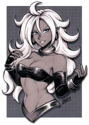 Rule 34 | 1girl, android 21, black gloves, bracelet, breasts, cleavage, cropped torso, dark-skinned female, dark skin, dragon ball, dragon ball fighterz, earrings, elbow gloves, fingerless gloves, gloves, grey background, hair between eyes, hands up, iahfy, jewelry, large breasts, long hair, majin android 21, muted color, navel, pointy ears, ring, signature, solo, white hair