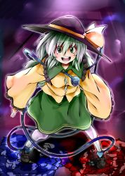 Rule 34 | 1girl, :d, female focus, green eyes, hat, heart, highres, komeiji koishi, open mouth, shigurio, silver hair, smile, solo, standing, touhou, wide sleeves