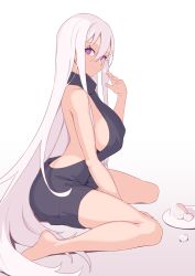 Rule 34 | 1girl, absurdres, alternate costume, azur lane, backless outfit, barefoot, black sweater, breasts, closed mouth, gradient background, hair between eyes, highres, jilu, kearsarge (azur lane), large breasts, legs, long hair, looking at viewer, meme attire, purple eyes, revision, sitting, smile, solo, sweater, thighs, turtleneck, turtleneck sweater, very long hair, virgin killer sweater, wariza, white background, white hair