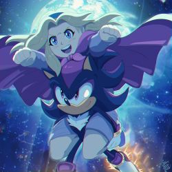 Rule 34 | 1boy, 1girl, animal nose, artbenbeau, blonde hair, blue dress, blue eyes, blue hairband, cape, commentary, dress, english commentary, full moon, furry, furry male, gloves, hairband, hedgehog ears, highres, looking at viewer, maria robotnik, moon, open mouth, red eyes, shadow the hedgehog, smile, sonic (series)