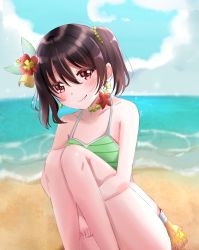Rule 34 | 1girl, aqua scrunchie, artist request, bare legs, bare shoulders, beach, bikini, bikini bottom only, bikini skirt, black hair, blue sky, blush, bow, bracelet, breasts, choker, cleavage, cloud, collarbone, day, earrings, female focus, flat chest, flower, flower choker, frilled bikini, frills, green bikini, hair between eyes, hair bobbles, hair bow, hair flower, hair ornament, hands on own knees, hibiscus, hibiscus hair ornament, highres, jewelry, knees up, long hair, looking at viewer, love live!, love live! school idol project, natsuiro egao de 1 2 jump!, navel, necklace, ocean, outdoors, parted lips, pearl necklace, red bow, red eyes, red flower, scrunchie, short hair, short twintails, sky, small breasts, smile, solo, star (symbol), star earrings, striped bikini, striped clothes, swimsuit, tankini, twintails, white scrunchie, wrist scrunchie, yazawa nico