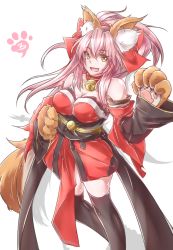 Rule 34 | 1girl, aleixww, animal ears, bare shoulders, bell, black thighhighs, breasts, cleavage, collar, detached sleeves, fate/grand order, fate (series), female focus, fox ears, fox tail, hair ribbon, japanese clothes, large breasts, long hair, looking at viewer, neck bell, open mouth, pink hair, ribbon, solo, tail, tamamo (fate), tamamo cat (fate), tamamo cat (first ascension) (fate), tamamo no mae (fate/extra), thighhighs, yellow eyes