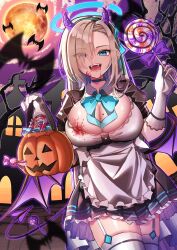 1girl asuna_(blue_archive) bare_tree bat_(animal) black_dress blood blood_on_breasts blue_archive blue_ribbon breasts candy cleavage dress fake_horns fangs food grey_hair halloween highres holding holding_candy holding_food holding_lollipop horns huge_breasts i-nn jack-o&#039;-lantern lollipop looking_at_viewer maid mole mole_on_breast moon night ribbon smile solo thighhighs tree trick_or_treat zettai_ryouiki