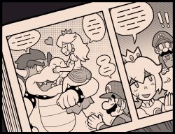 Rule 34 | !, !!, 1girl, 2boys, :d, ayyk92, blush, bowser, crown, dress, facial hair, gloves, greyscale, hat, heart, looking at another, manga (object), mario, mario (series), monochrome, multiple boys, mustache, nintendo, open mouth, princess peach, puffy short sleeves, puffy sleeves, short sleeves, smile, super mario bros. 1