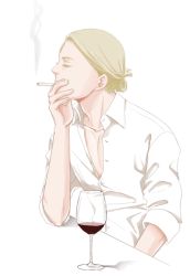 Rule 34 | 1boy, alcohol, blonde hair, cigarette, collared shirt, cup, drinking glass, closed eyes, folded ponytail, jojo no kimyou na bouken, male focus, pale color, prosciutto, shadow, shirt, smoke, smoking, solo, tsumita, upper body, white background, wine, wine glass