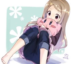 Rule 34 | 1girl, aoba kokona, artist logo, artist name, barefoot, black shirt, blouse, blue pants, blush, braid, braided bangs, brown hair, commentary, covered mouth, dress, dutch angle, green background, hair ornament, hairclip, highres, holding, holding stuffed toy, kirby, kirby (series), light blush, long hair, long sleeves, nintendo, outside border, pants, pants rolled up, pants under dress, red eyes, shirt, signature, sitting, solo, stuffed toy, toon (noin), white dress, yama no susume